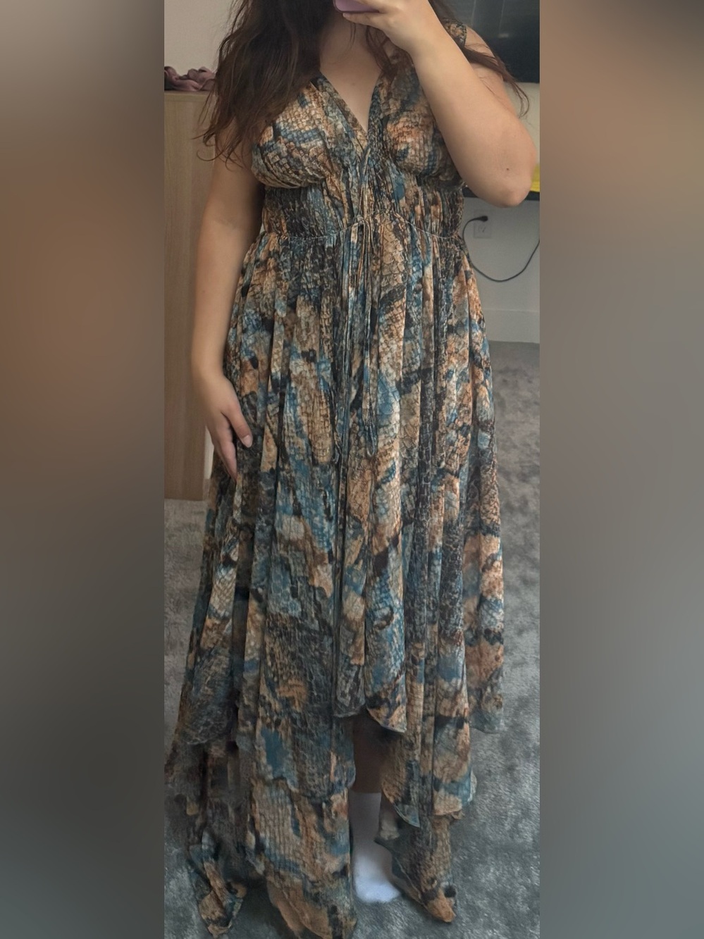 Olivaceous Blue and Brown High-Low Boho Maxi Dress